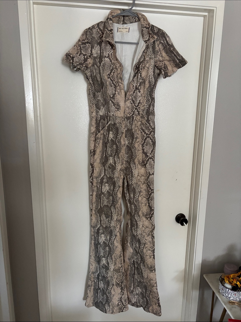 We The Free Snake-Print Short Sleeve Jumpsuit in Taupe & Brown